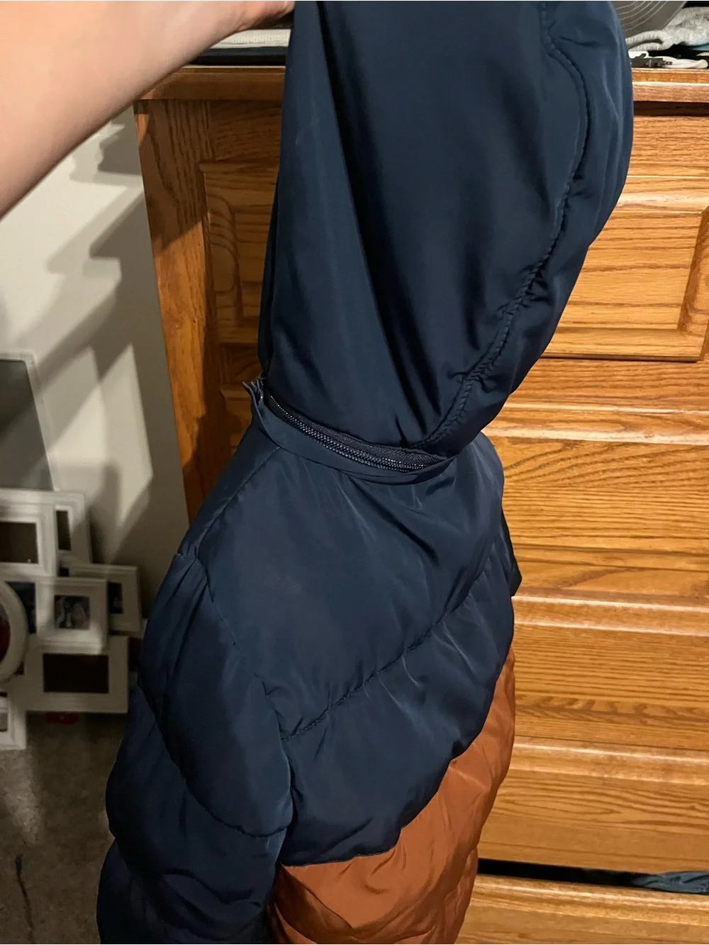 Kids Hooded Colorblock Puffer Jacket in Navy and Brown
